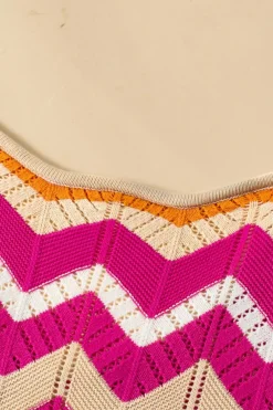 New Dear-Lover Chevron Pointelle Knit V Neck Short Sleeve Sweater Pink Stripe