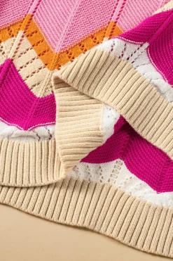 New Dear-Lover Chevron Pointelle Knit V Neck Short Sleeve Sweater Pink Stripe