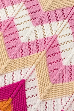 New Dear-Lover Chevron Pointelle Knit V Neck Short Sleeve Sweater Pink Stripe