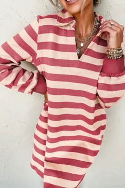 New Dear-Lover Collared V Neck Long Sleeve Loose Casual Dress Pink Stripe