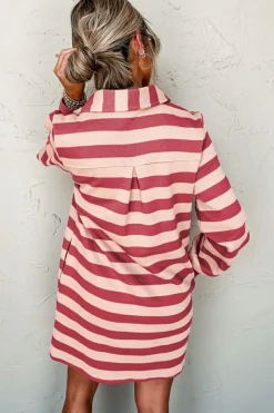 New Dear-Lover Collared V Neck Long Sleeve Loose Casual Dress Pink Stripe