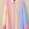 Sale Dear-Lover Color Block Chest Pocket Oversized Shirt Pink Stripe