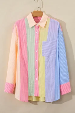 Sale Dear-Lover Color Block Chest Pocket Oversized Shirt Pink Stripe