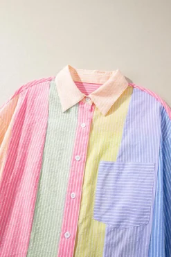 Sale Dear-Lover Color Block Chest Pocket Oversized Shirt Pink Stripe
