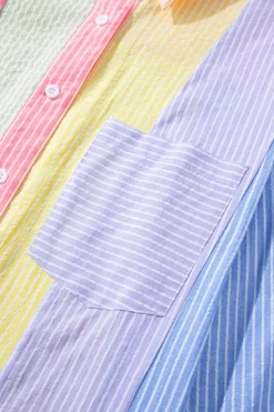 Sale Dear-Lover Color Block Chest Pocket Oversized Shirt Pink Stripe