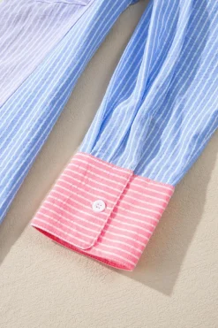 Sale Dear-Lover Color Block Chest Pocket Oversized Shirt Pink Stripe