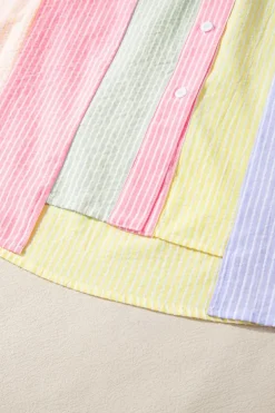 Sale Dear-Lover Color Block Chest Pocket Oversized Shirt Pink Stripe