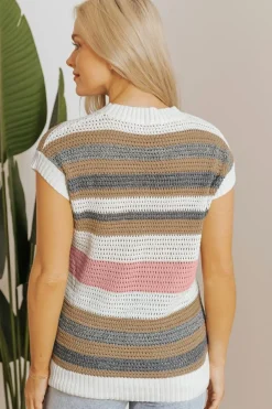 New Dear-Lover Color Block Eyelet Knit Short Sleeve Sweater Tee Pink Stripe