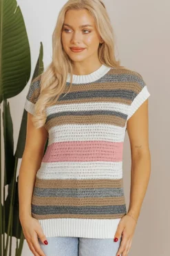 New Dear-Lover Color Block Eyelet Knit Short Sleeve Sweater Tee Pink Stripe