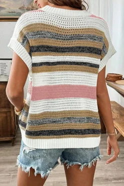 New Dear-Lover Color Block Eyelet Knit Short Sleeve Sweater Tee Pink Stripe