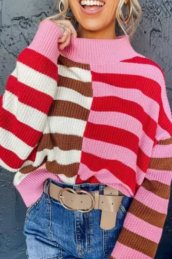 Hot Dear-Lover Color Block High Neck Drop Shoulder Loose Sweater Pink Stripe