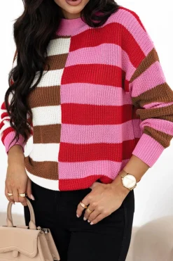 Hot Dear-Lover Color Block High Neck Drop Shoulder Loose Sweater Pink Stripe