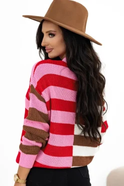 Hot Dear-Lover Color Block High Neck Drop Shoulder Loose Sweater Pink Stripe