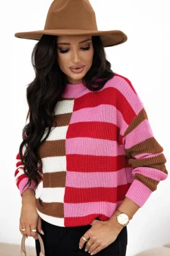 Hot Dear-Lover Color Block High Neck Drop Shoulder Loose Sweater Pink Stripe