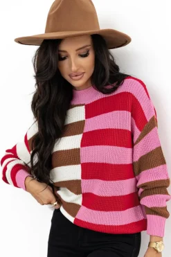 Hot Dear-Lover Color Block High Neck Drop Shoulder Loose Sweater Pink Stripe