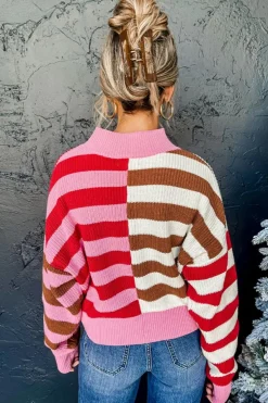 Hot Dear-Lover Color Block High Neck Drop Shoulder Loose Sweater Pink Stripe