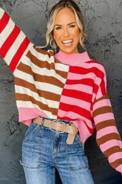 Hot Dear-Lover Color Block High Neck Drop Shoulder Loose Sweater Pink Stripe