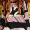 Discount Dear-Lover Color Block Number 22 Print Game Day Loose Long Sleeve Top Pink Stripe