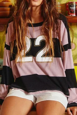 Discount Dear-Lover Color Block Number 22 Print Game Day Loose Long Sleeve Top Pink Stripe