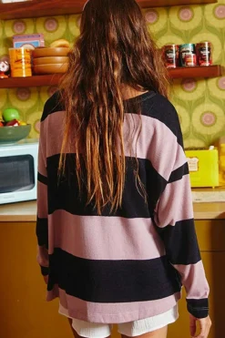 Discount Dear-Lover Color Block Number 22 Print Game Day Loose Long Sleeve Top Pink Stripe