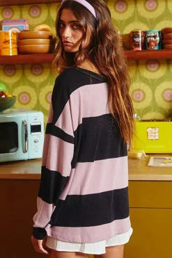 Discount Dear-Lover Color Block Number 22 Print Game Day Loose Long Sleeve Top Pink Stripe