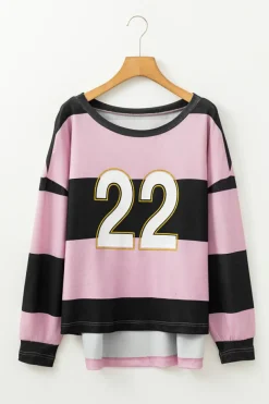Discount Dear-Lover Color Block Number 22 Print Game Day Loose Long Sleeve Top Pink Stripe