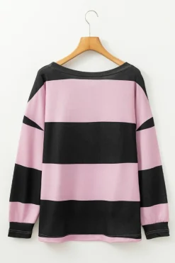 Discount Dear-Lover Color Block Number 22 Print Game Day Loose Long Sleeve Top Pink Stripe