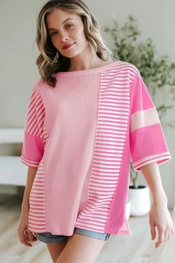 Hot Dear-Lover Color Block Patchwork Loose Half Sleeve T Shirt Pink Stripe