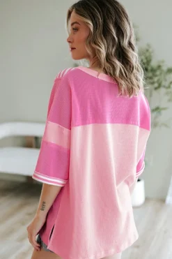 Hot Dear-Lover Color Block Patchwork Loose Half Sleeve T Shirt Pink Stripe