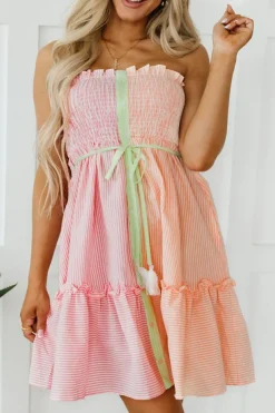 New Dear-Lover Color Block Smocked Button Front Frilled Strapless Mini Dress Pink Stripe
