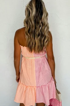 New Dear-Lover Color Block Smocked Button Front Frilled Strapless Mini Dress Pink Stripe
