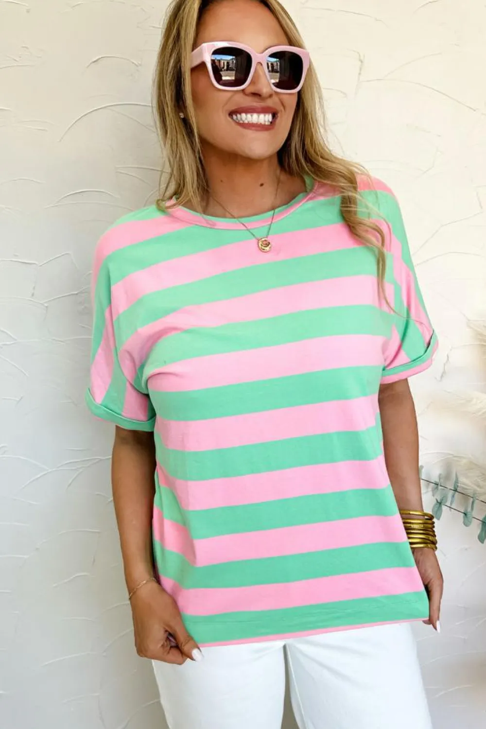 Discount Dear-Lover Colorblock Cuffed Sleeve Loose Tee Pink Stripe