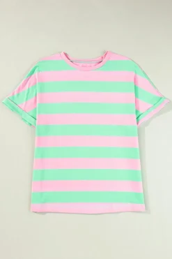 Discount Dear-Lover Colorblock Cuffed Sleeve Loose Tee Pink Stripe