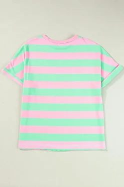 Discount Dear-Lover Colorblock Cuffed Sleeve Loose Tee Pink Stripe