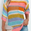 Fashion Dear-Lover Colorblock Hollowed Crochet 3/4 Sleeve Sweater Pink Stripe