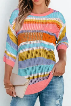 Fashion Dear-Lover Colorblock Hollowed Crochet 3/4 Sleeve Sweater Pink Stripe