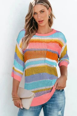 Fashion Dear-Lover Colorblock Hollowed Crochet 3/4 Sleeve Sweater Pink Stripe