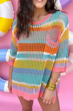 Fashion Dear-Lover Colorblock Hollowed Crochet 3/4 Sleeve Sweater Pink Stripe