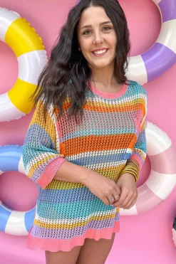 Fashion Dear-Lover Colorblock Hollowed Crochet 3/4 Sleeve Sweater Pink Stripe