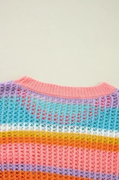 Fashion Dear-Lover Colorblock Hollowed Crochet 3/4 Sleeve Sweater Pink Stripe