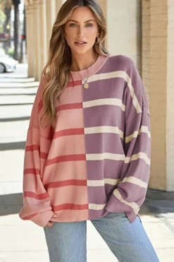 Fashion Dear-Lover Colorblock Oversized Sweater Pink Stripe