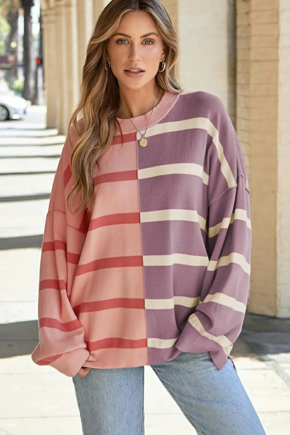 Fashion Dear-Lover Colorblock Oversized Sweater Pink Stripe