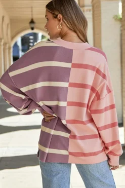 Fashion Dear-Lover Colorblock Oversized Sweater Pink Stripe