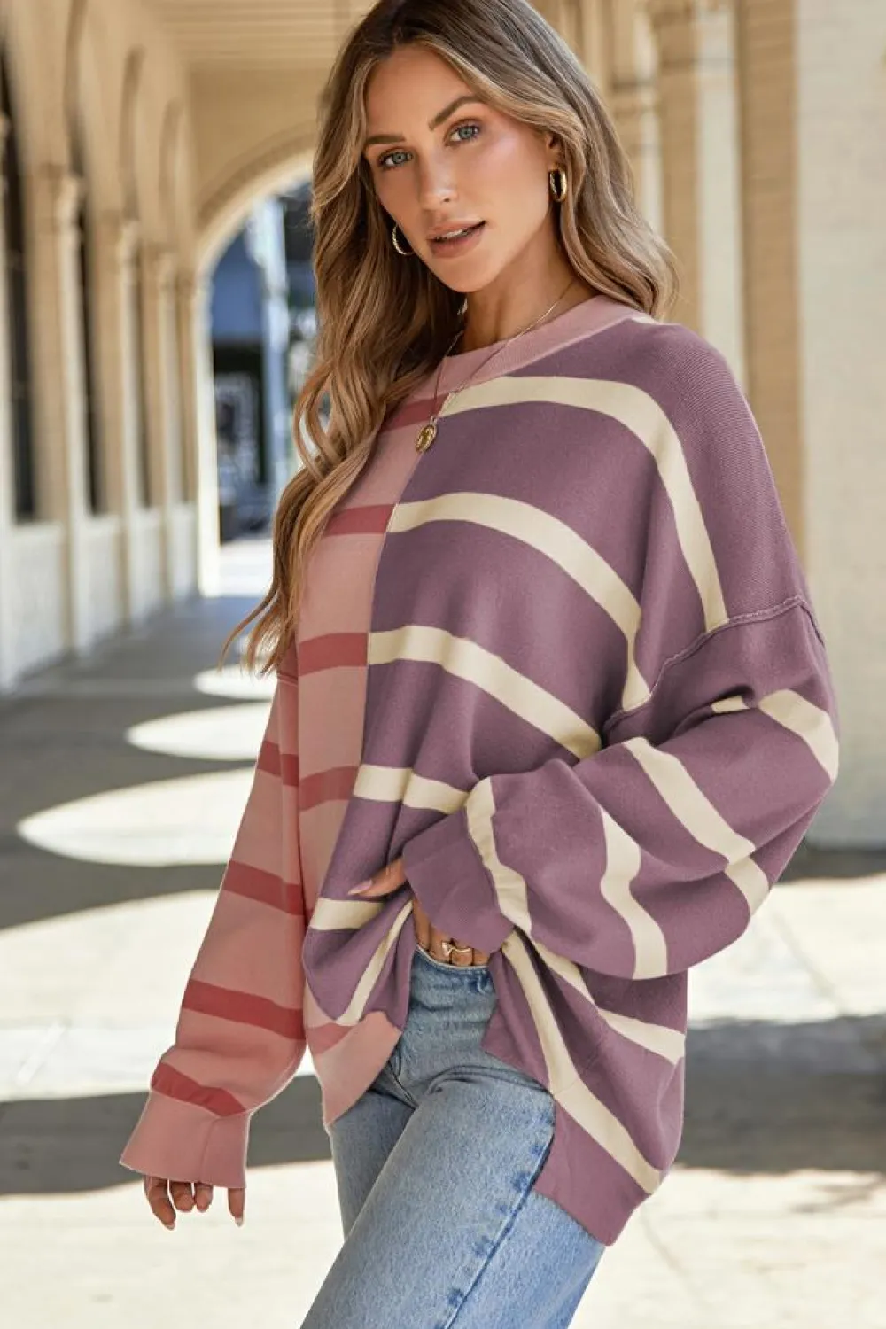 Fashion Dear-Lover Colorblock Oversized Sweater Pink Stripe