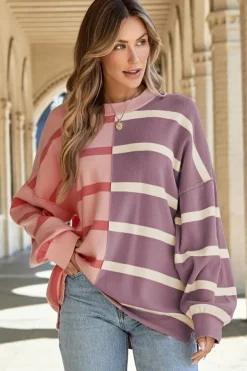 Fashion Dear-Lover Colorblock Oversized Sweater Pink Stripe