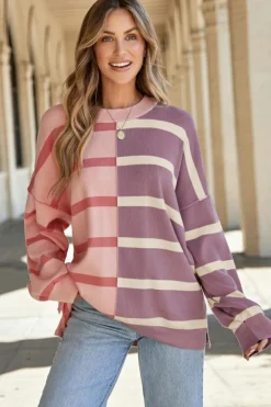 Fashion Dear-Lover Colorblock Oversized Sweater Pink Stripe