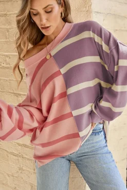 Fashion Dear-Lover Colorblock Oversized Sweater Pink Stripe