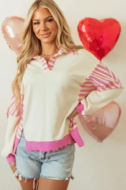 Online Dear-Lover Colorblock Patchwork Collared French Terry Knit Top Pink Stripe
