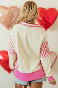 Online Dear-Lover Colorblock Patchwork Collared French Terry Knit Top Pink Stripe
