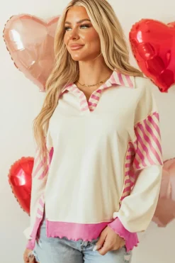 Online Dear-Lover Colorblock Patchwork Collared French Terry Knit Top Pink Stripe